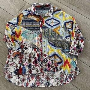 Calessa Top 2X Plus Southwestern Poly Button Up Pockets Long Sleeve Shirt